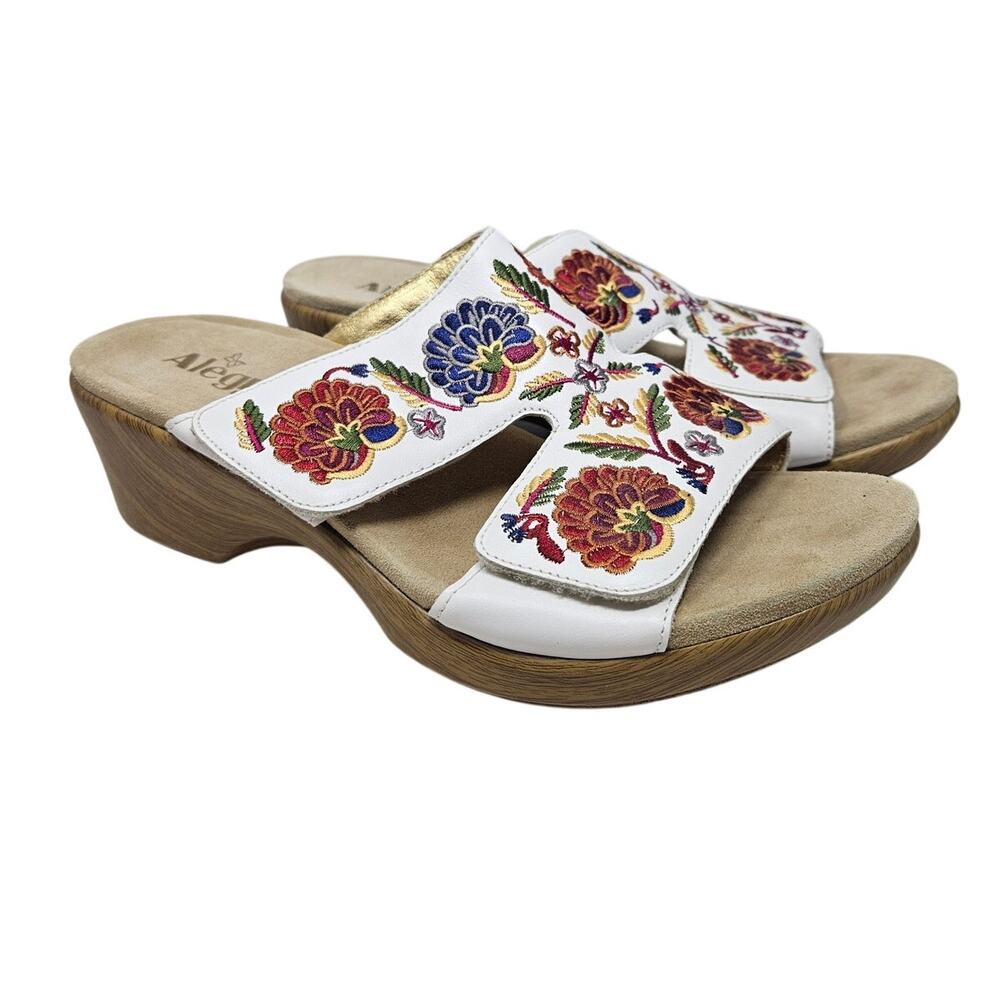 Alegria Linn Sandal 42 White Leather Slide Comfort Floral Embroidered Coastal